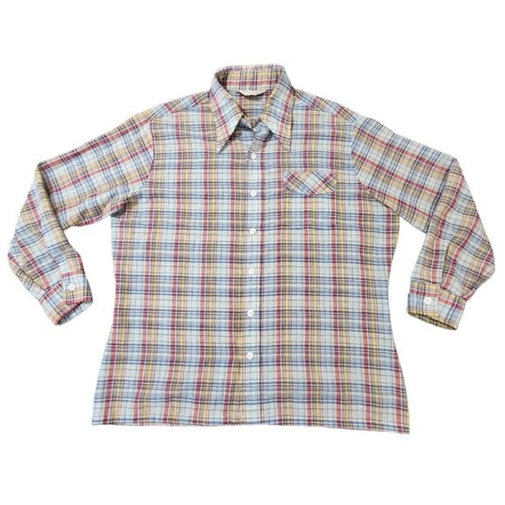 Vintage 80s Wrangler Western Plaid‎ Button Front Long Sleeves Men's Shirt